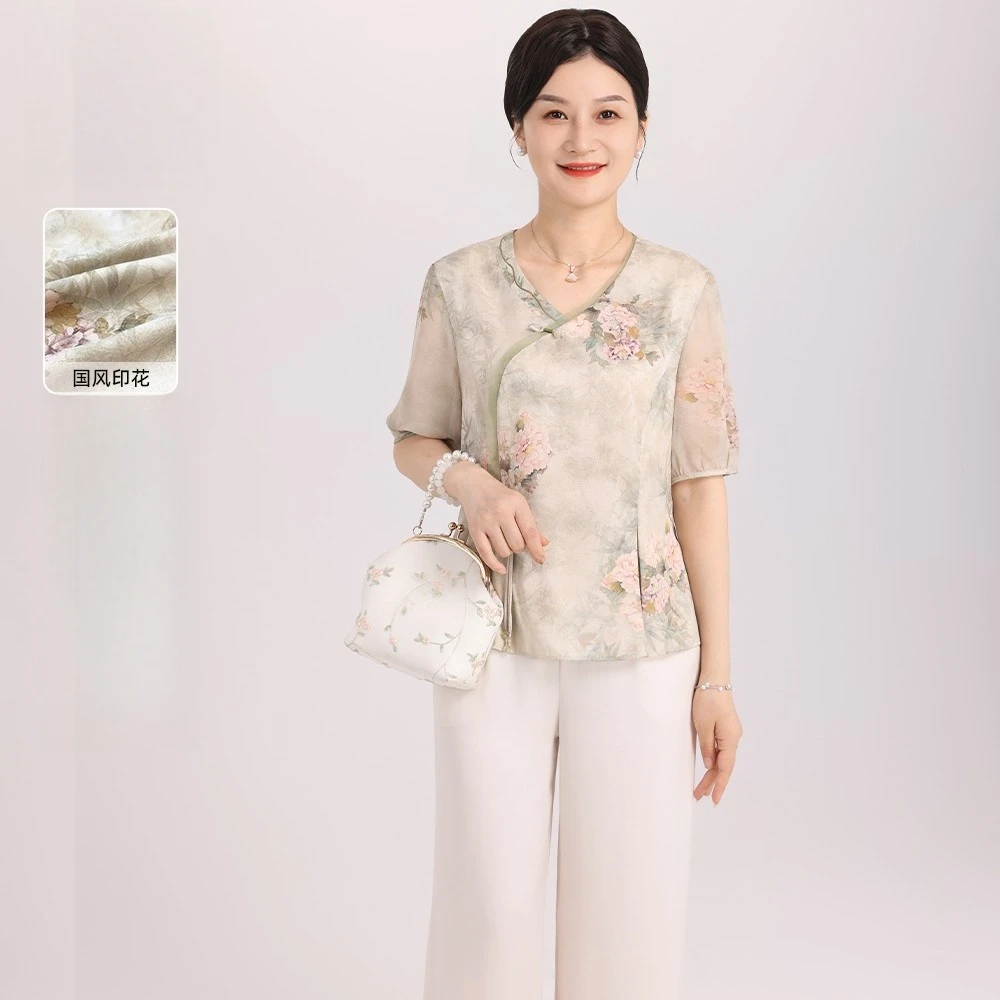 妈妈装国风印花复古小衫斜襟气质洋气夏季中式宽松两件套