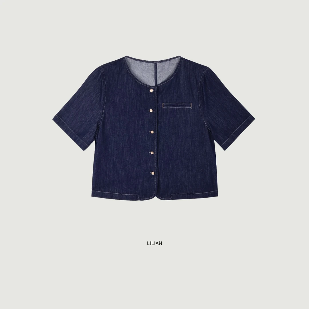 莉莉LIlian 时髦随性牛仔短袖单排扣复古薄款宽松圆领五分袖衬衣