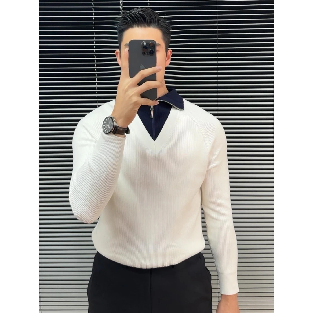 高端撞色假两件可翻高领男士毛衣秋冬男款半拉链套头针织衫厚外套