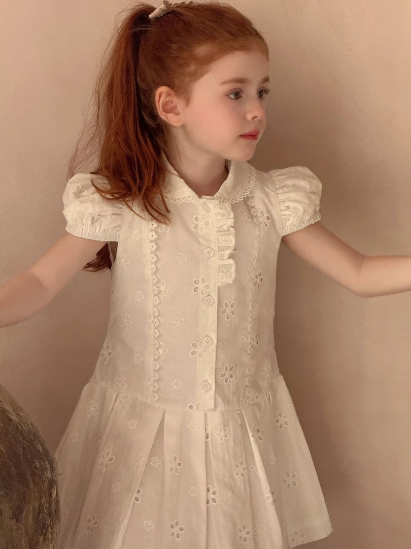 学院风白色泡泡袖衬衫裙2025夏季新款女童连衣裙5607