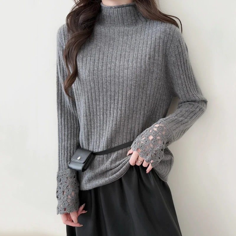 秋冬巨好看镂空袖口设计针织衫女高级感纯色竹节纹半高领毛衣上衣