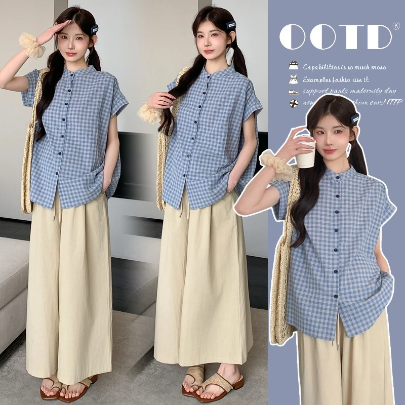 孕妇夏装套装慵懒风韩版时尚宽松上衣+孕期阔腿裤大码两件套夏季