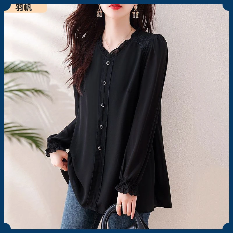 1黑色V领衬衫女2025春秋新款大码胖mm宽松遮肚中长款长袖小衫上I