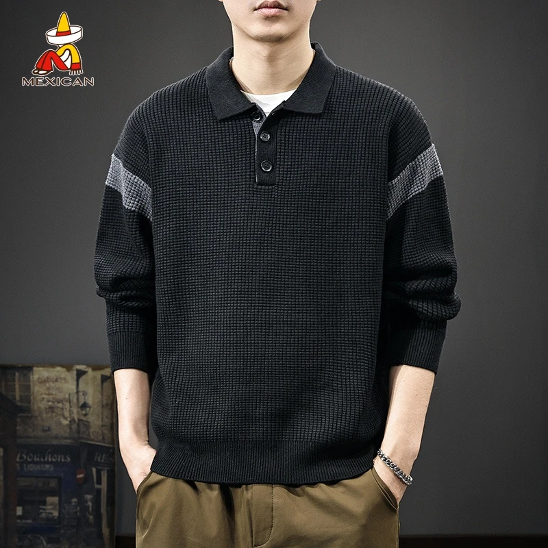 Mexican/稻草人秋冬翻领针织毛衣男款美式宽松休闲潮流polo衫上衣