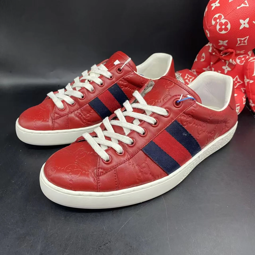 95新 GUCCI/古驰 红色压印老花时尚ACE板鞋40.5欧码zzg28