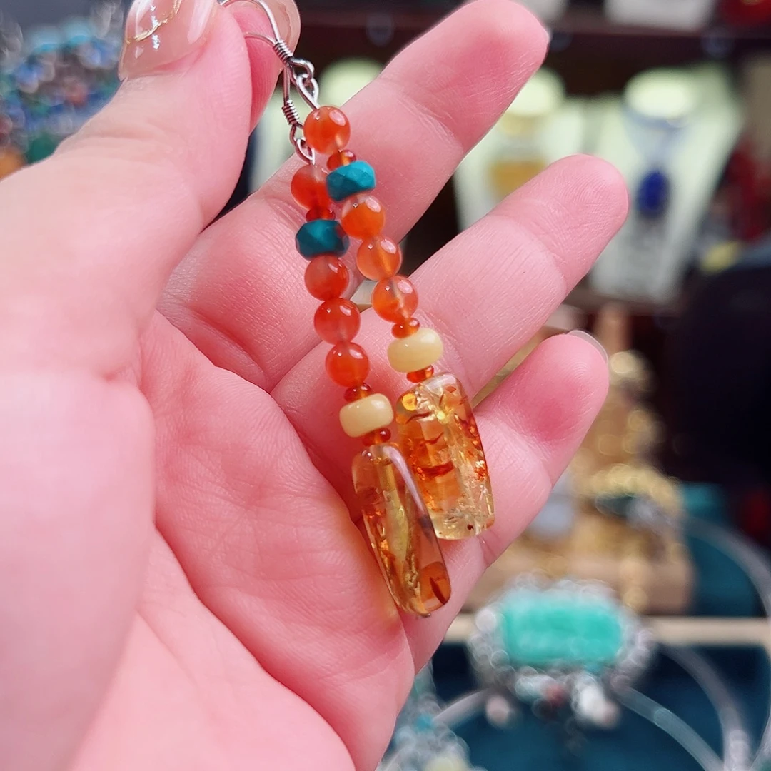 未镶嵌琥珀挂件耳环