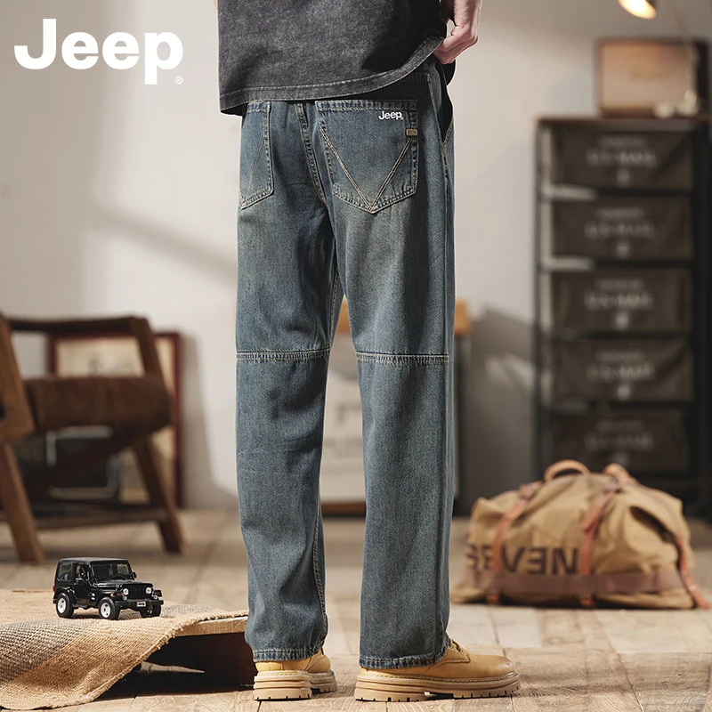 JEEP吉普美式潮流高街牛仔裤男款夏季新款薄款宽松阔腿长裤子男士