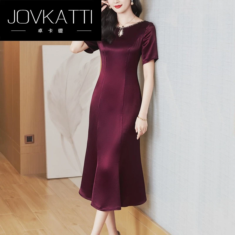 紫色醋酸礼服连衣裙女式短袖2025春夏新款高端洋气长款包臀鱼尾裙