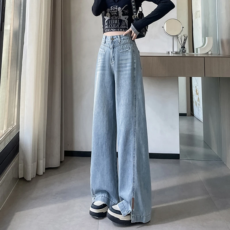 窄版阔腿牛仔裤子女春秋2025新款复古高腰宽松显瘦垂感直筒拖地裤