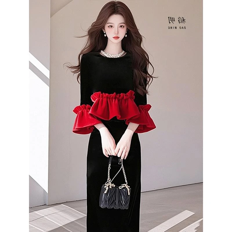 高级感小香风黑色丝绒套装秋冬季2025新款小个子气质搭配一整套女