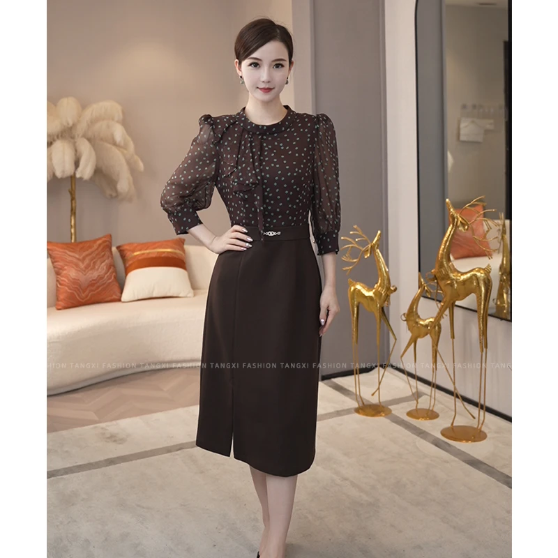 2025夏季新款【7466】咖色茶歇裙女港风复古收腰显瘦百搭设计连衣裙