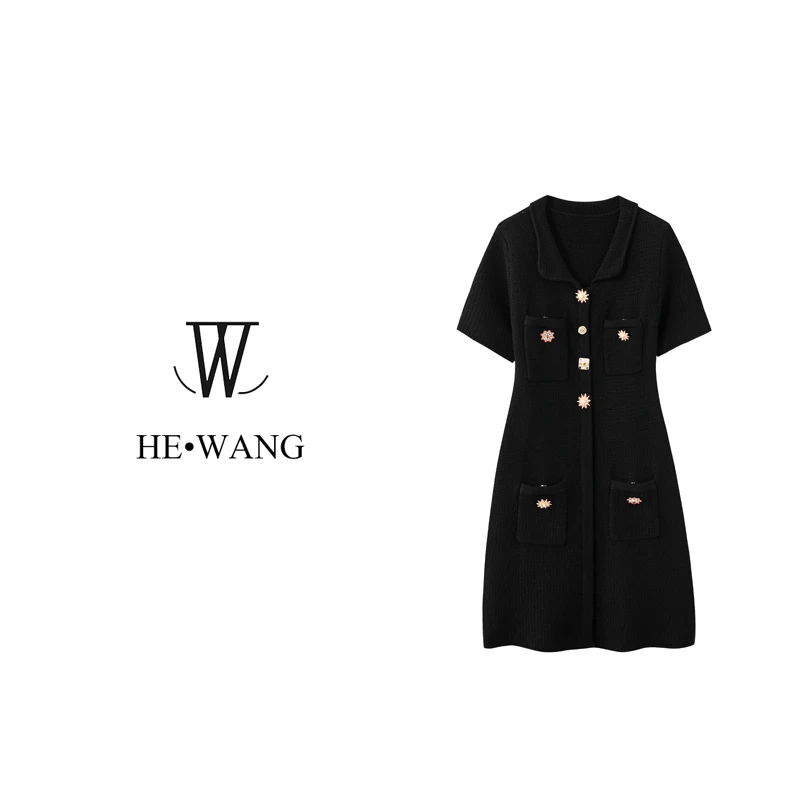 HW 早秋新款小众设计重工纽扣小香风翻领针织修身连衣裙-00105