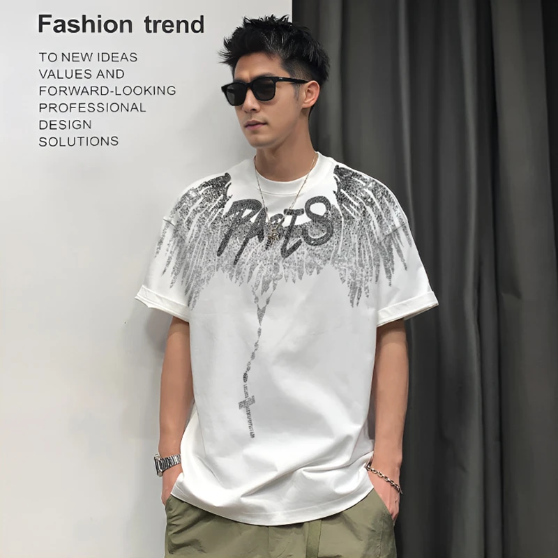 【轻奢男装-英文翅膀】T2070夏季潮牌新品潮流宽松休闲百搭T恤