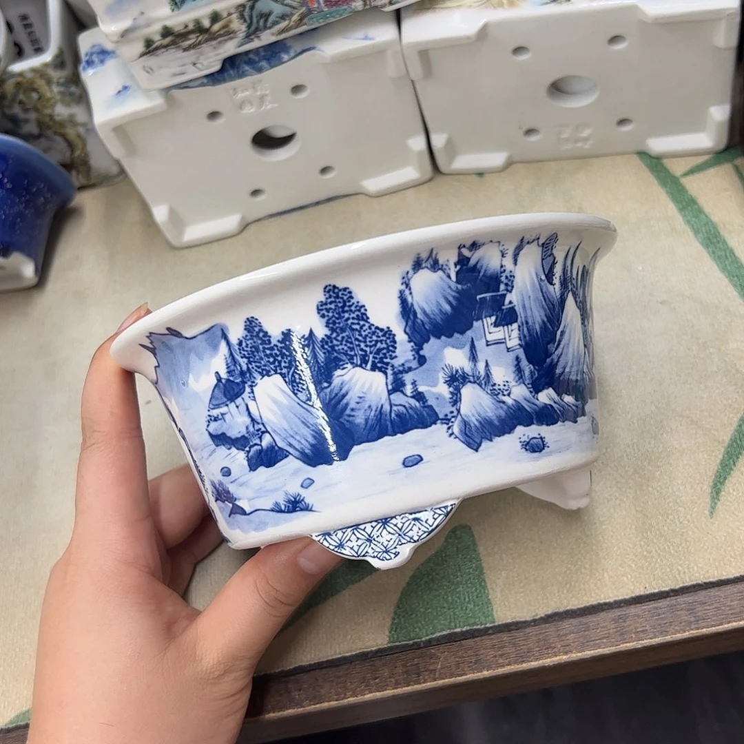 紫砂花盆018号瑕疵15/7.5cm仿手绘青花云足圆盆