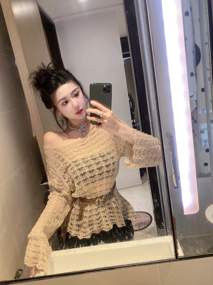 韩版长袖防晒针织衫纯欲春夏春游2025新款辣妹气质欧若风女潮镂空