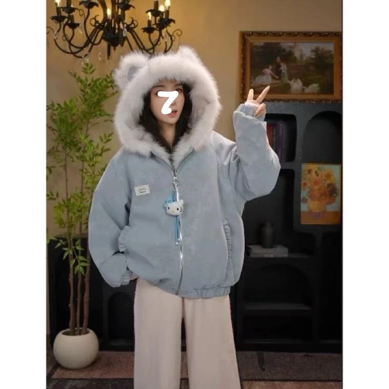 美式小众毛领连帽外套女春秋2025新款秋冬加绒加厚韩系慵懒风