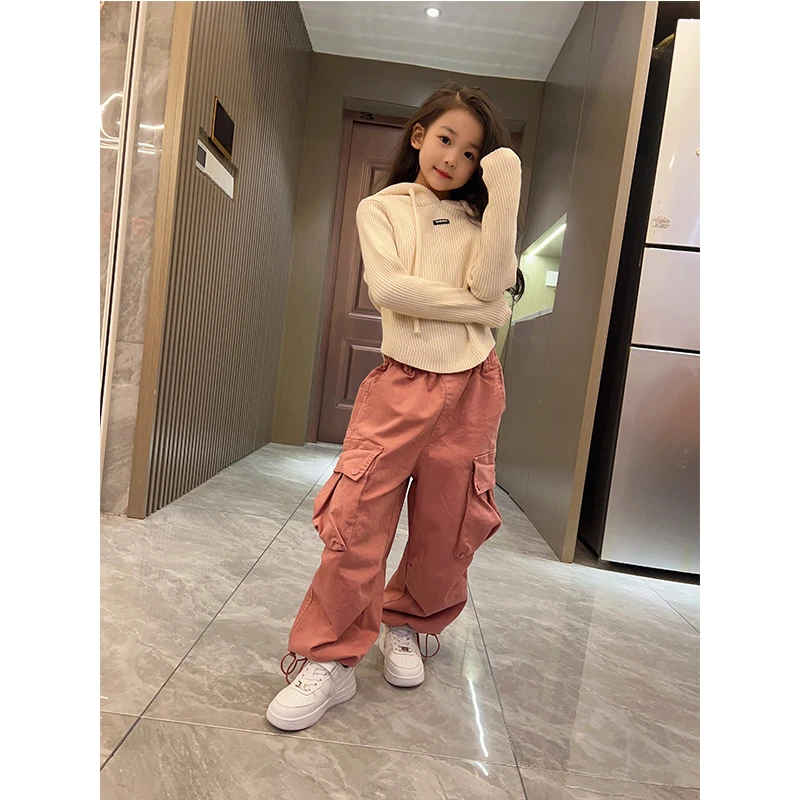 女童休闲针织连帽毛衣+宽松工装裤套装23535#