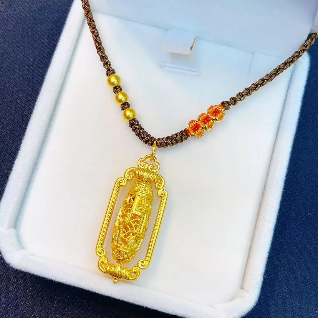 足金999黄金九眼天珠吊坠编绳项链