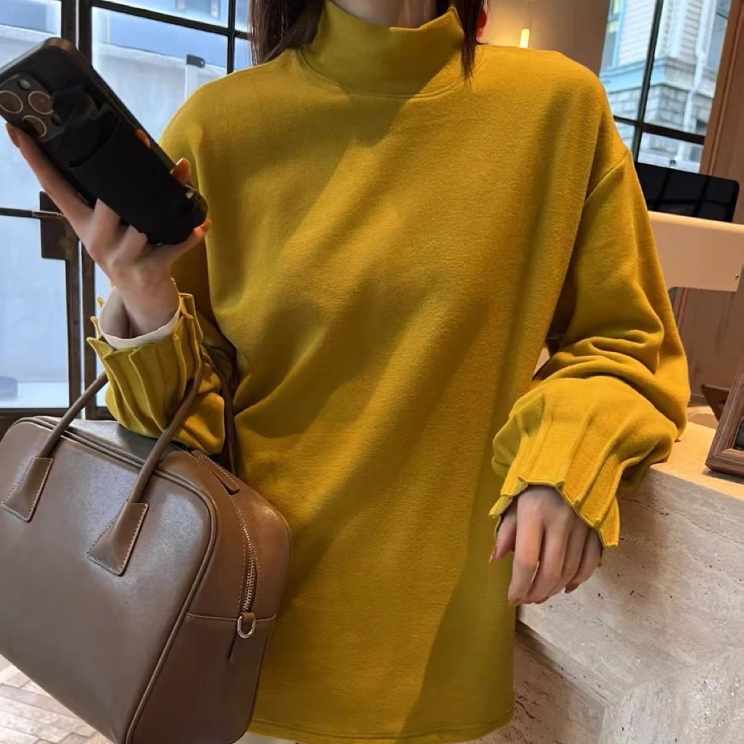 【云云精选】880 暖姜天 丝袖口褶皱半高领上衣