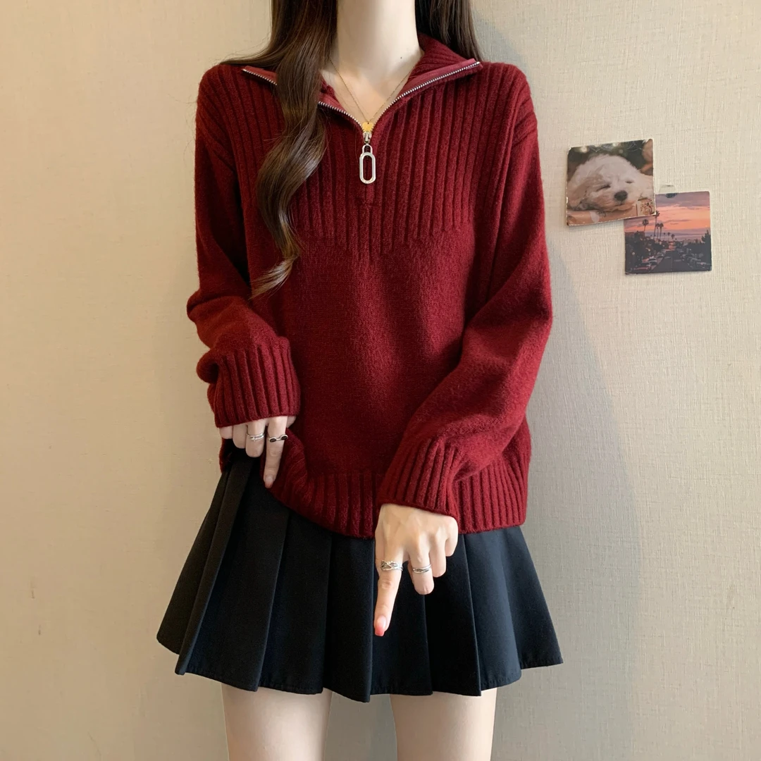 半拉链高领毛衣女春秋款大码胖mm减龄红色上衣短款内搭打底针织衫