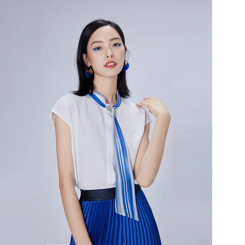 【晨晨精选】【商场同款】粉蓝衣橱2025简约大气撞色飘带短盖袖衬衫女