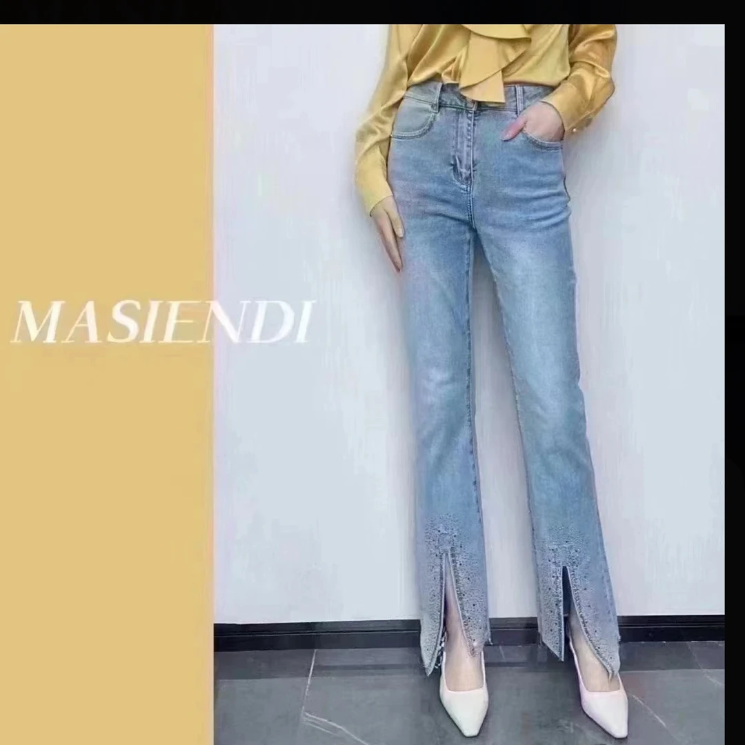 MASIENDI/玛丝恩迪显瘦弹力亮钻开衩喇叭牛仔裤13585