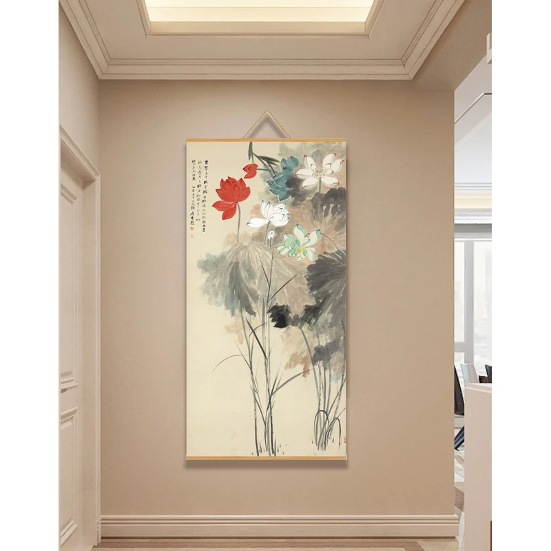 【270五色荷花】60x120cm现代简约挂轴装饰画办公室家居装饰画