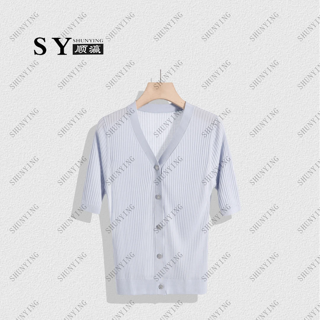 【顺瀛】新款竖纹V领纯色简约百搭针织短袖开衫SY62ZZ31768