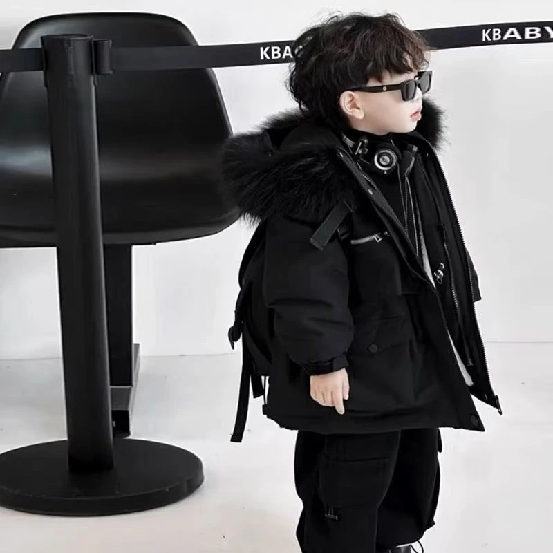 男童派克服加绒加厚红色棉服男童2025新款冬季男童加厚外套大毛领