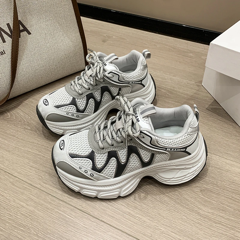 轻便拼色时尚系带百搭老爹鞋女2025秋季新款显脚小厚底运动休闲鞋