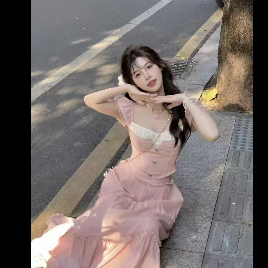 2024夏季新款法式小众甜美气质设计感收腰显瘦上衣半身裙两件套女