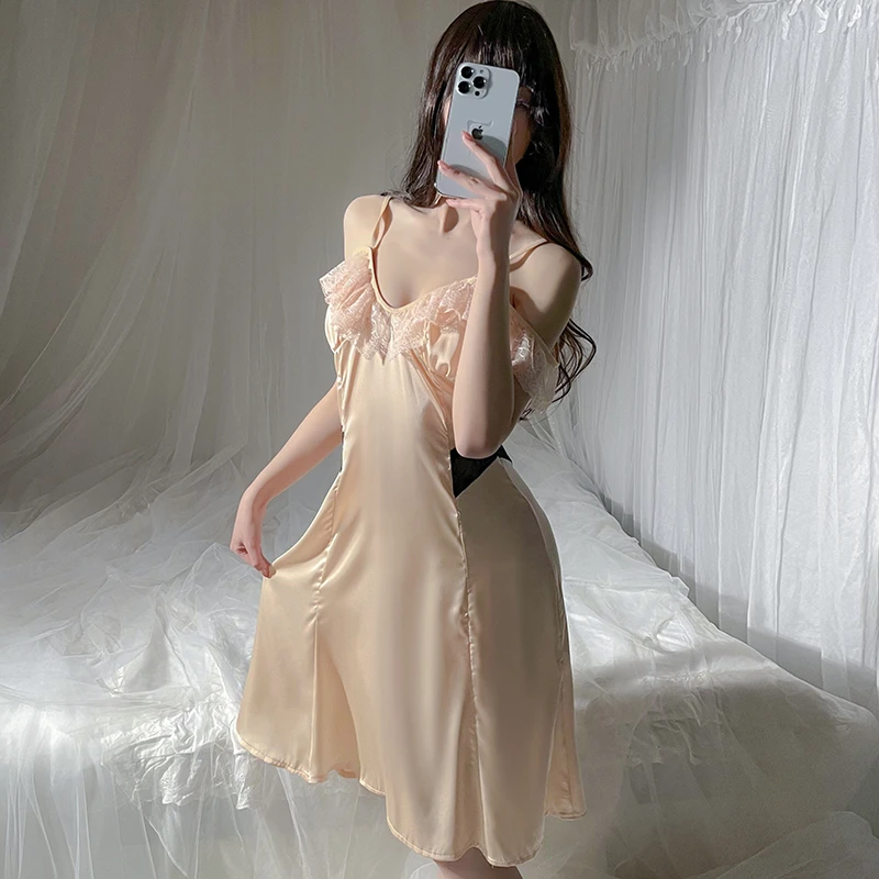 显瘦吊带中长裙夏季薄款性感睡裙法式透气睡衣两件套2421