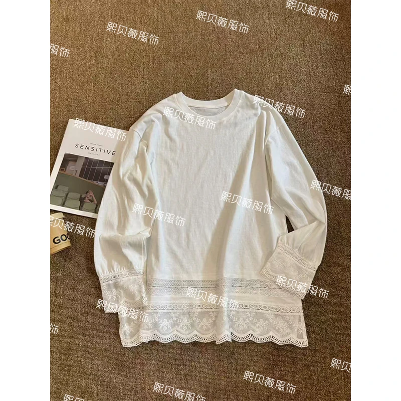熙贝薇6 秋冬慵懒风拼接蕾丝花边设计加绒时尚休闲长袖T恤 G5575