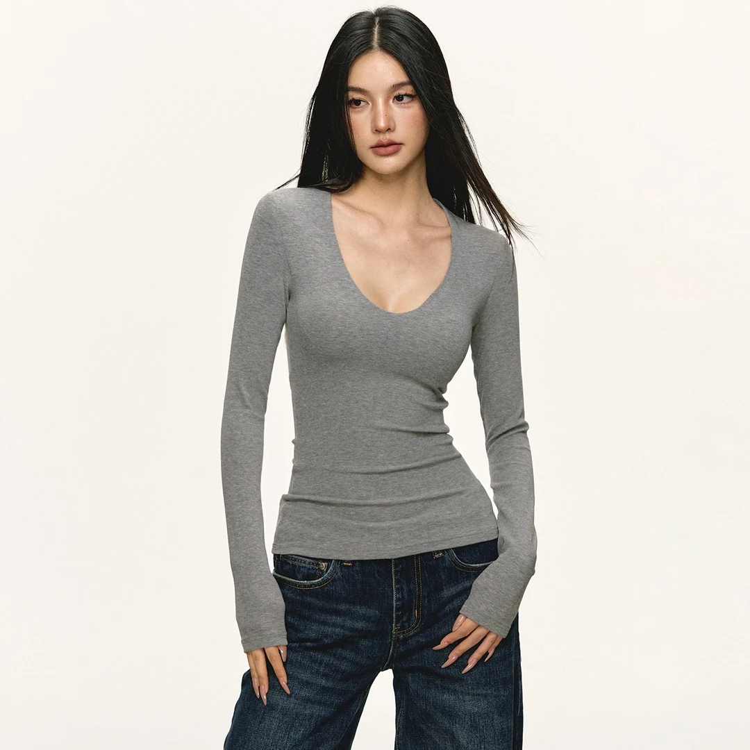 anna aneae长袖打底衫女秋冬带胸垫圆领纯色基础百搭修身显瘦上衣