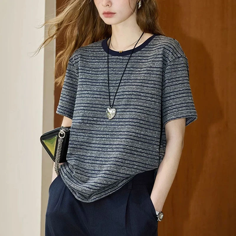 韩版ins休闲打底撞色条纹短袖T恤女夏季2025新款洋气百搭圆领上衣