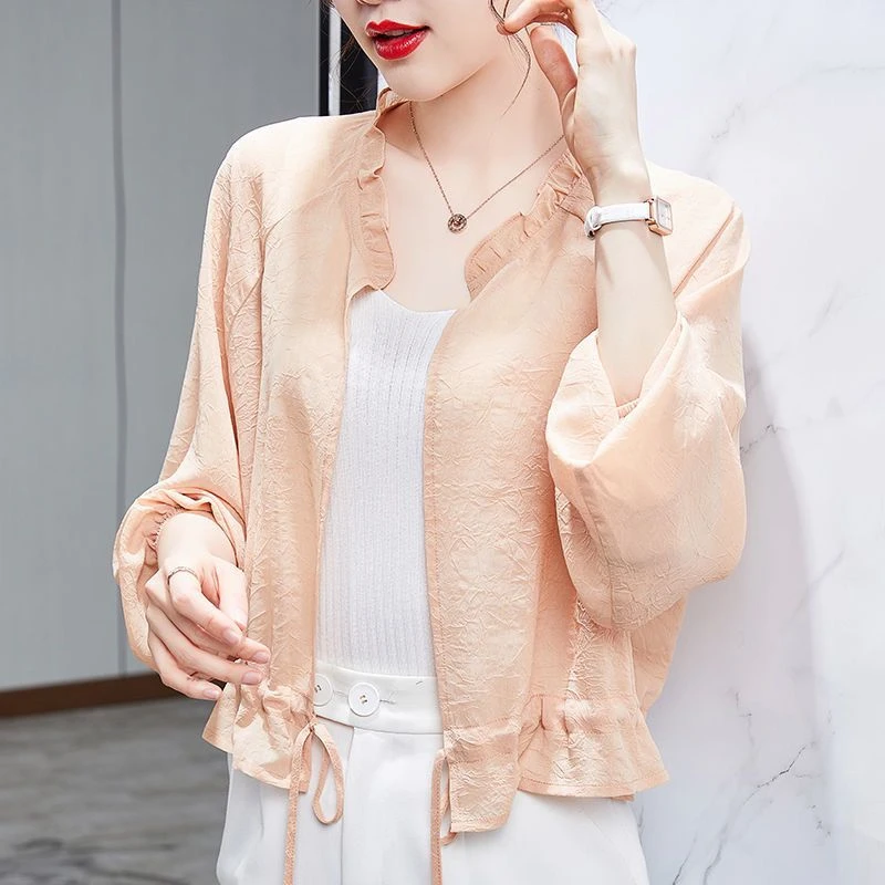 防晒衣女外穿披肩2025新款夏季超仙洋气木耳边短款冰丝雪纺女开衫