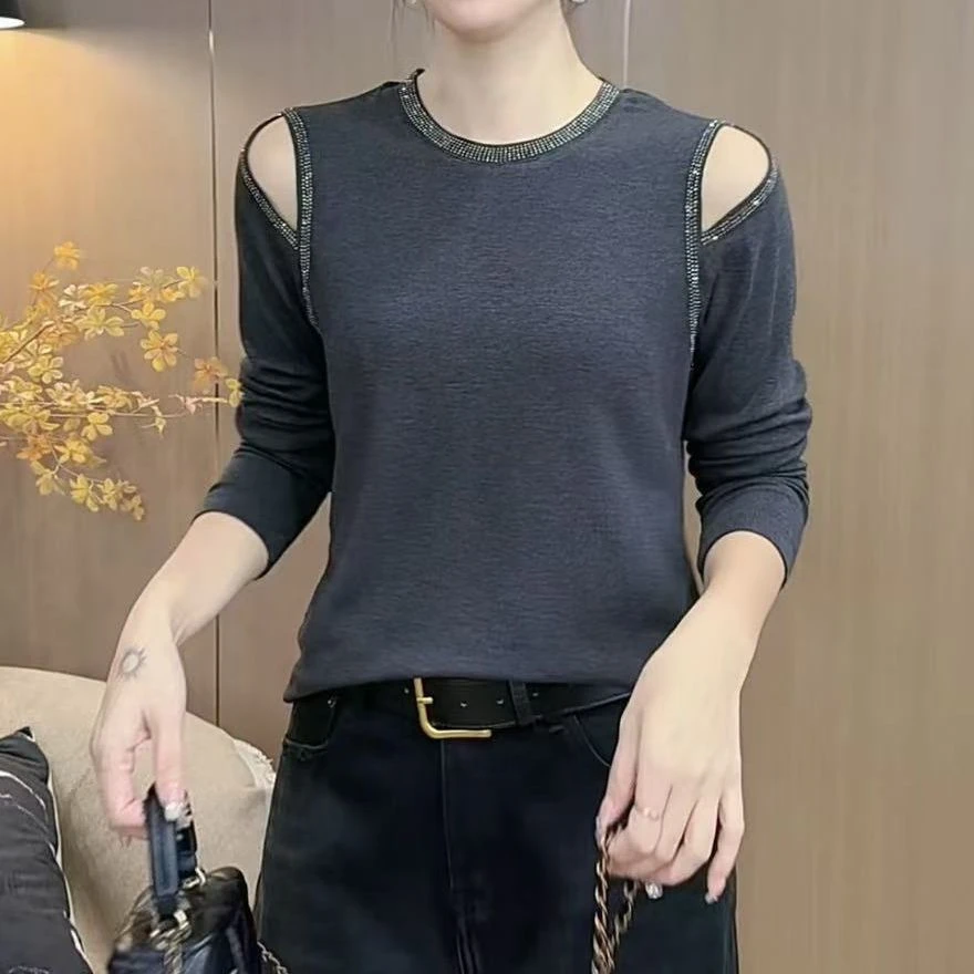 2025早秋新款时尚洋气圆领烫钻露肩长袖T恤修身显瘦百搭减龄上衣