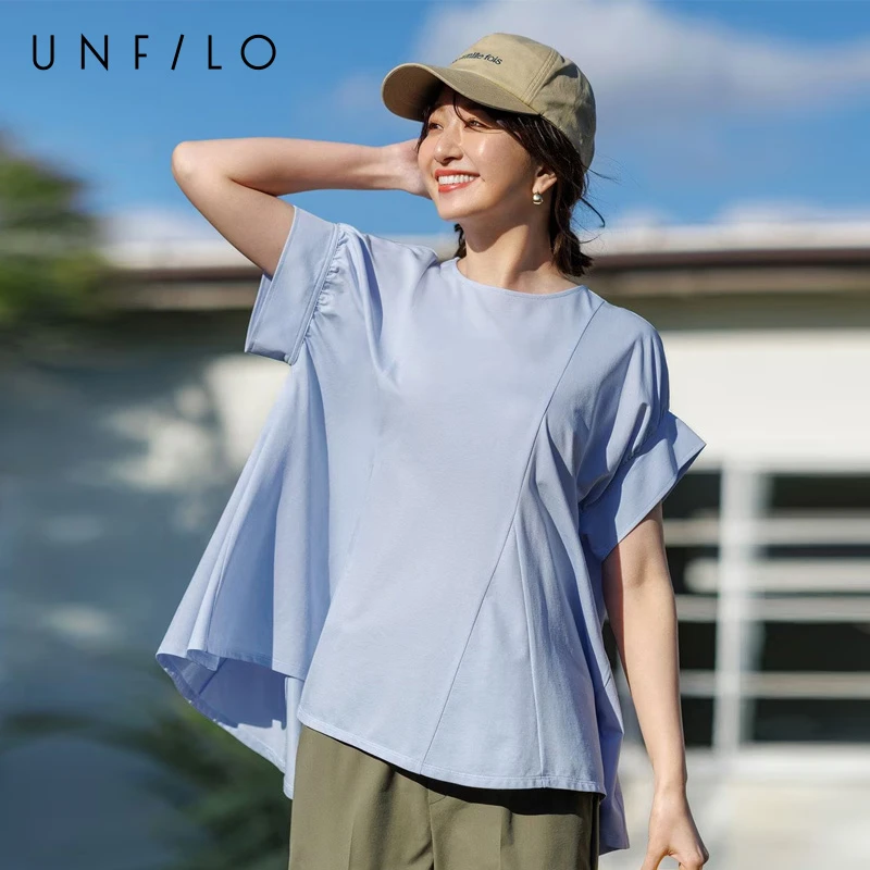 【UNFILO】夏季气质女装宽松薄款简约适宜运动衫蓬松喇叭T恤女