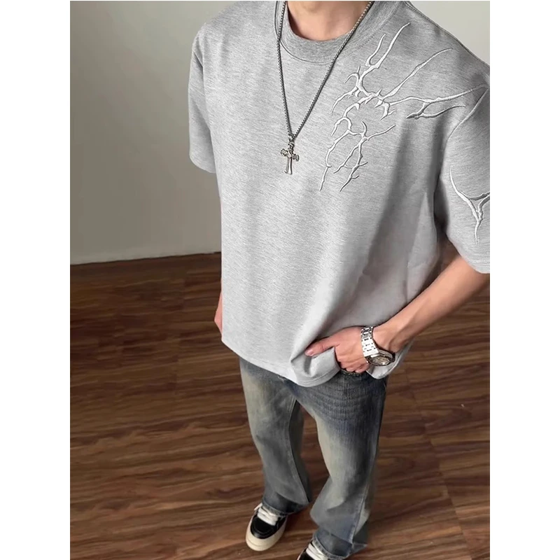 暗纹闪电短袖t恤男款夏季280g重磅纯棉半袖cleanfit美式半截袖