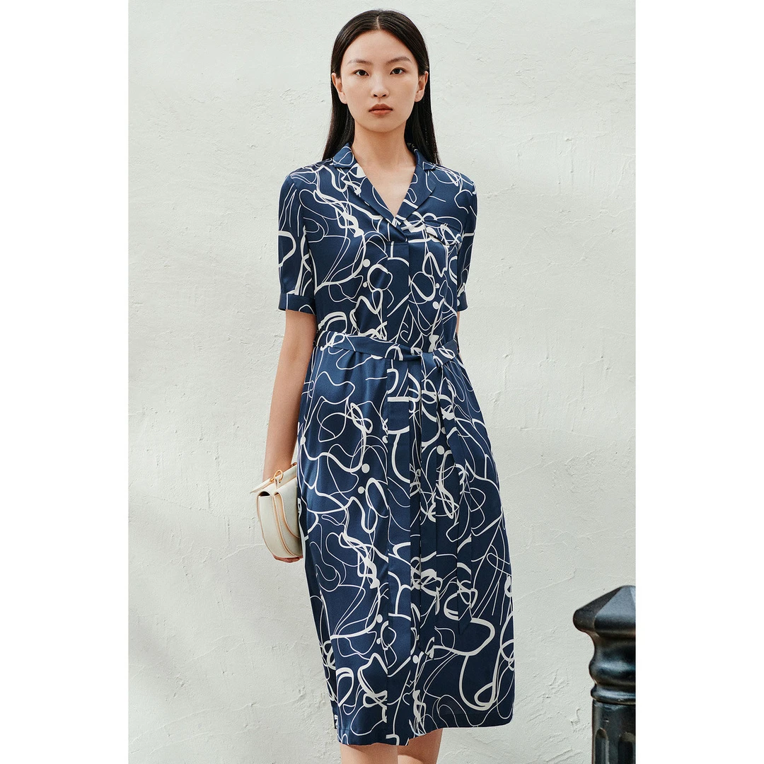 INSUN恩裳夏季新款艺术水波纹印花气质翻驳V领连衣裙9C65205680