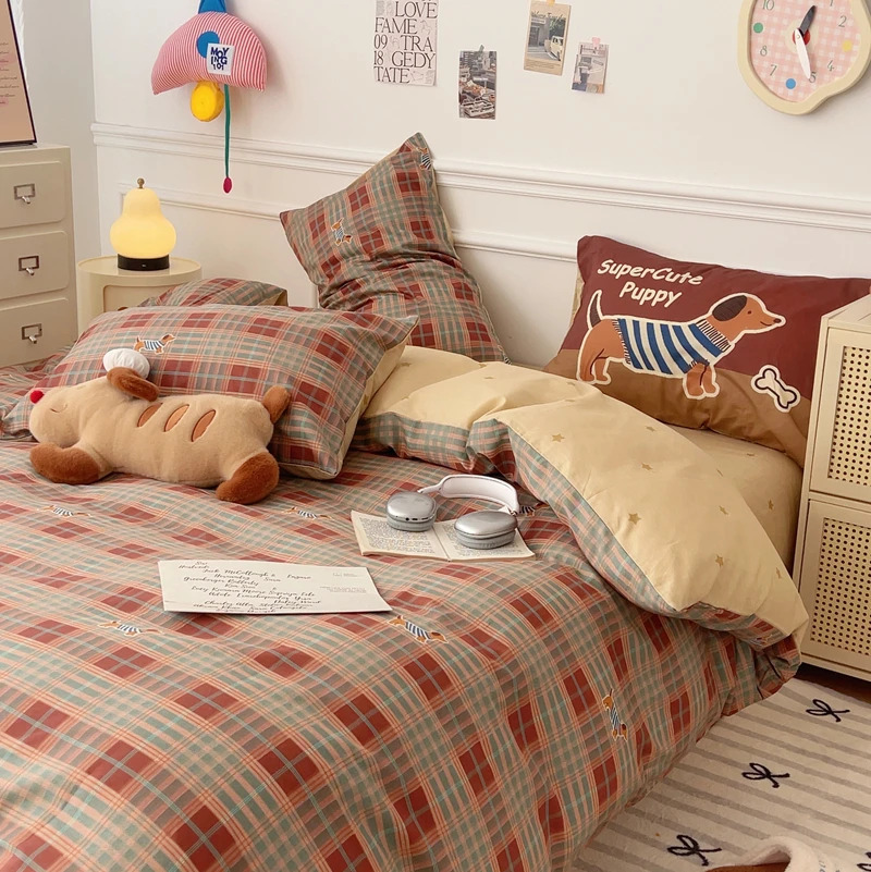 美拉德红棕格子小狗床上四件套全棉纯棉1.5m1.8米被套床单三件套