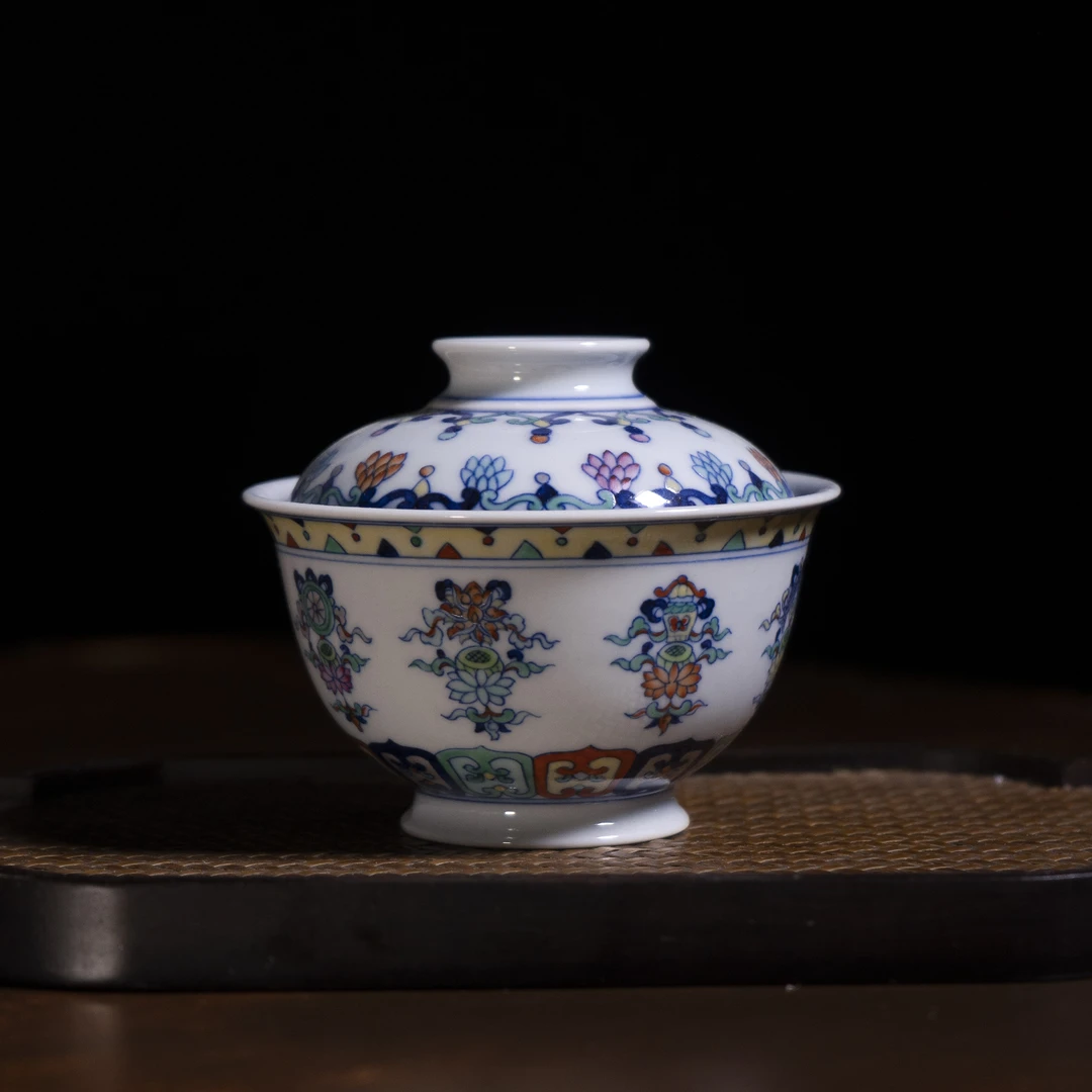 霞艺青花斗彩莲托复古八宝盖碗小盖碗釉里红茶具纯手工陶瓷茶碗