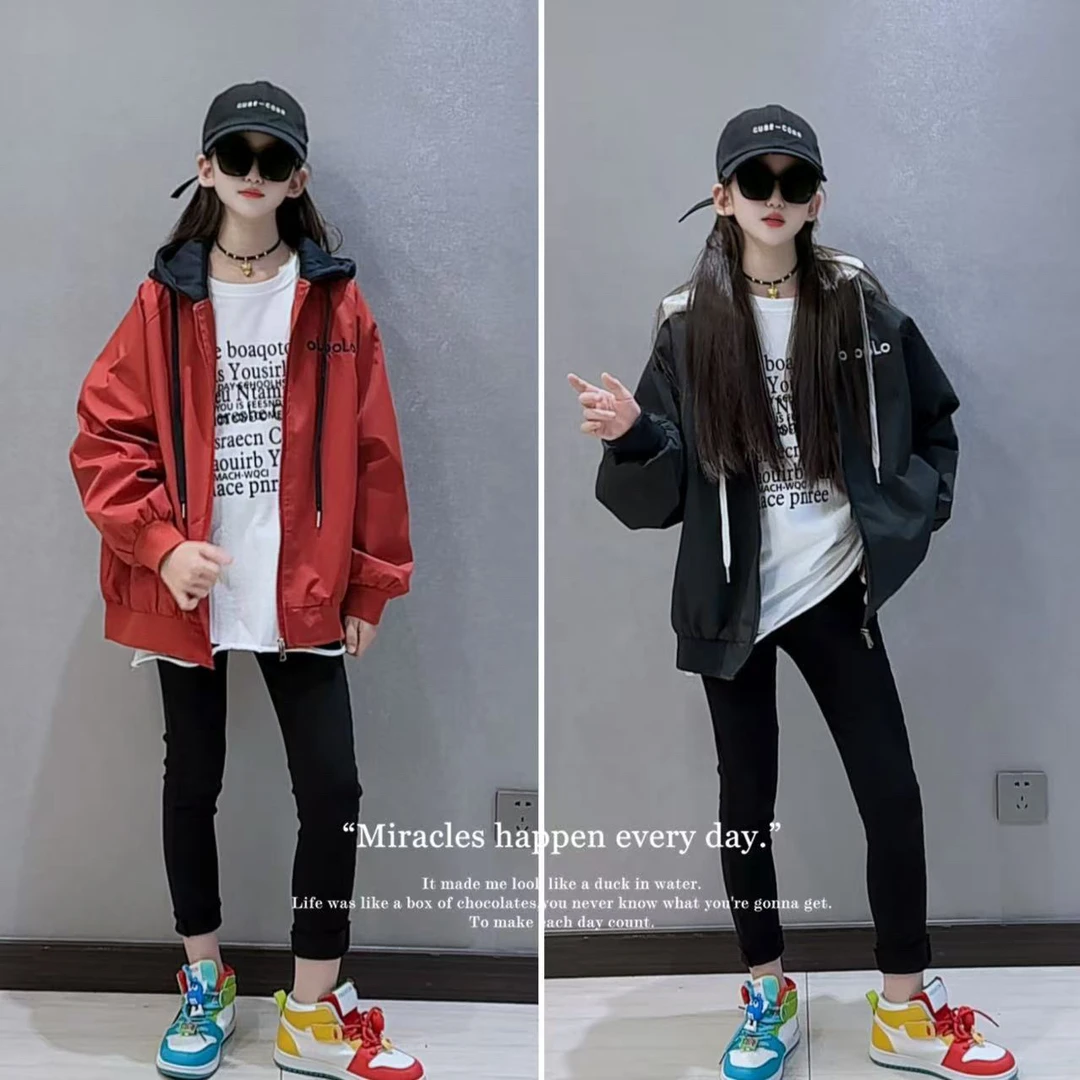 女童外套秋装2025新款儿童美式连帽夹克大童女孩秋季洋气休闲上衣