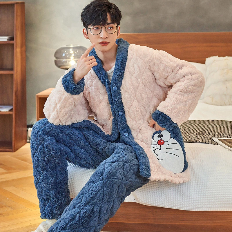 三层加厚夹棉睡衣男士法兰绒冬季卡通韩版V领珊瑚绒家居服 7777