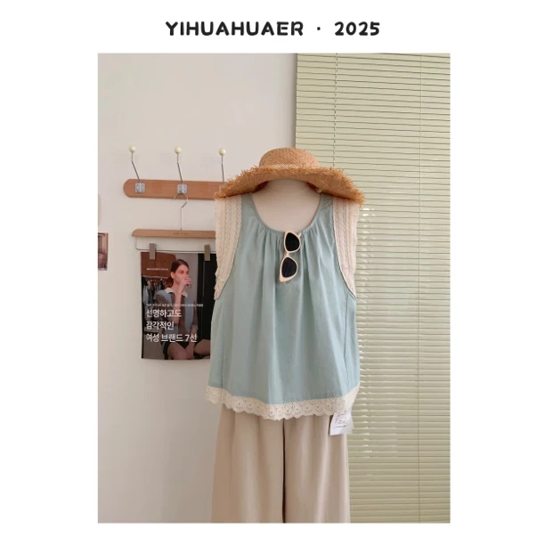 韩版新款夏季时尚百搭设计感蕾丝边拼接休闲法式宽松显瘦衬衫8770