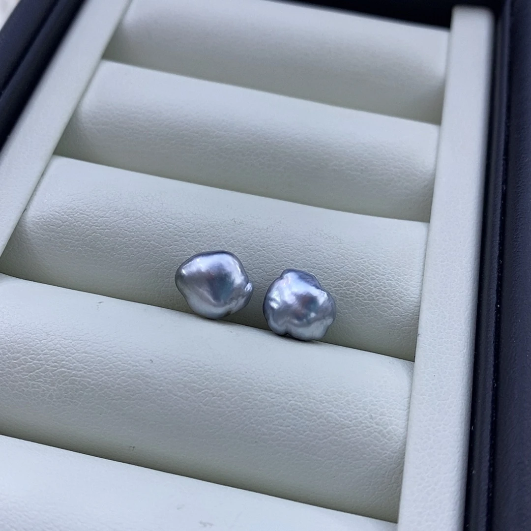 露***海水珍珠耳饰银S925镶嵌大溪地keshi素钉