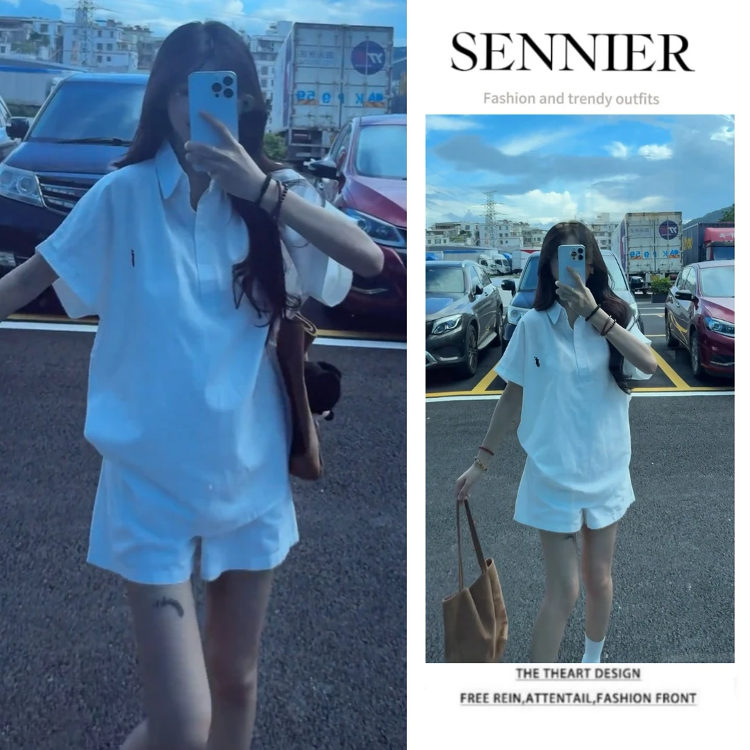 韩系休闲套装女2025夏季爆款时尚polo领短袖上衣宽松短裤两件套装