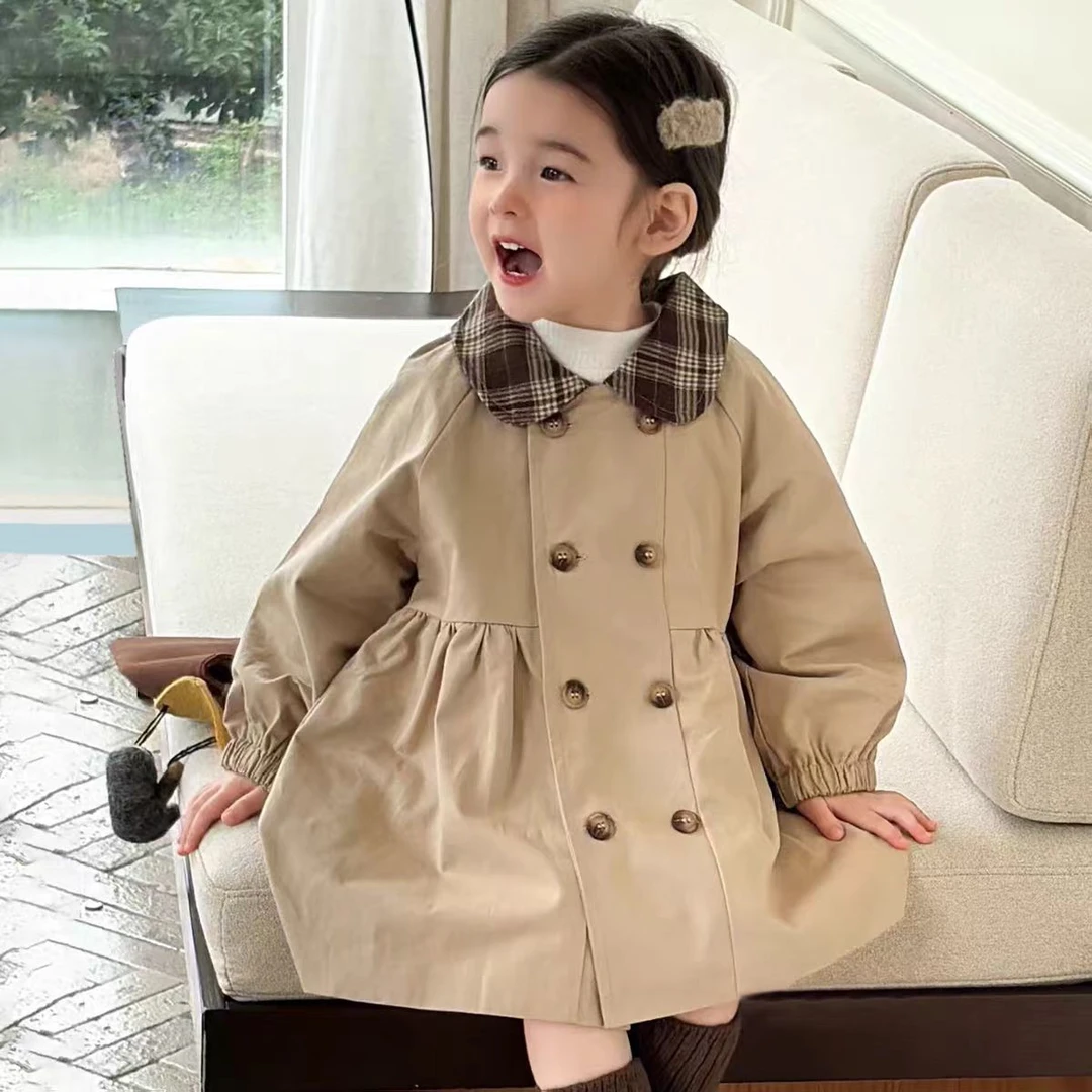 女宝宝高街英伦中长款风衣女童春秋季2025新款女婴儿童双排扣外套