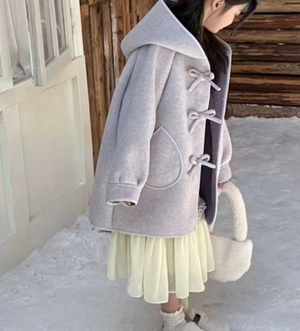 女童毛呢大衣2024秋冬新款儿童中长款羊羔毛外套女连帽宽松韩版潮