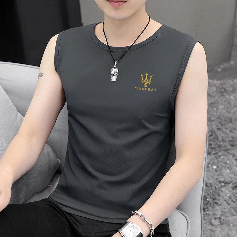 夏季宽松健身坎肩休闲无袖印花运动圆领背心汗衫男装透气速干上衣